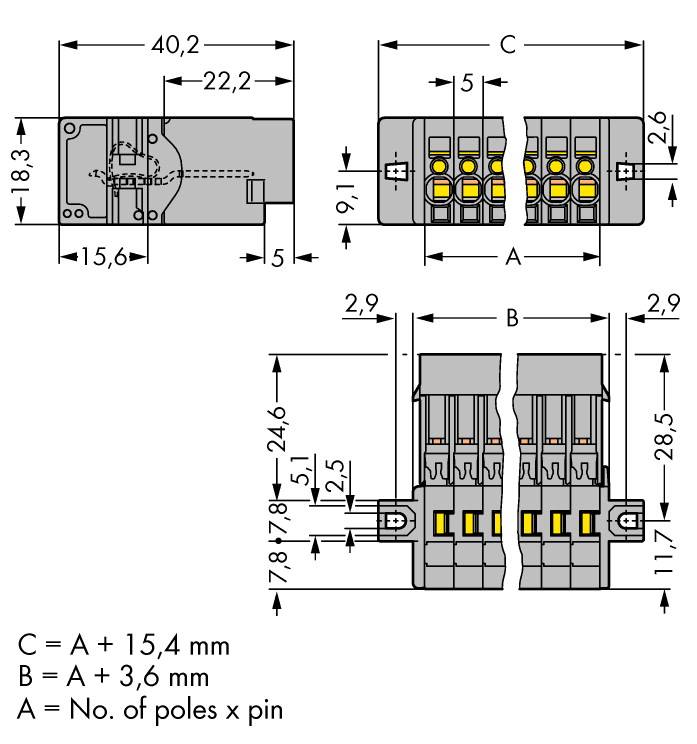 Dessin technique d'une prise électrique avec dimensions et descriptions. Présente les vues de face, arrière et latérale.