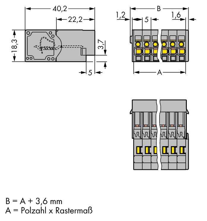 Dessin technique de fiches électriques, montrant les dimensions et la disposition des contacts. Texte 'B = A + 3,6 mm'.