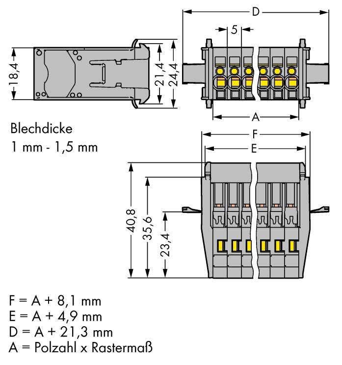 Schéma de connecteur avec dimensions : Épaisseur de tôle 1-1,5 mm, F = A + 8,1 mm, E = A + 4,9 mm, D = A + 21,3 mm, A = Nombre de pôles × Pas.