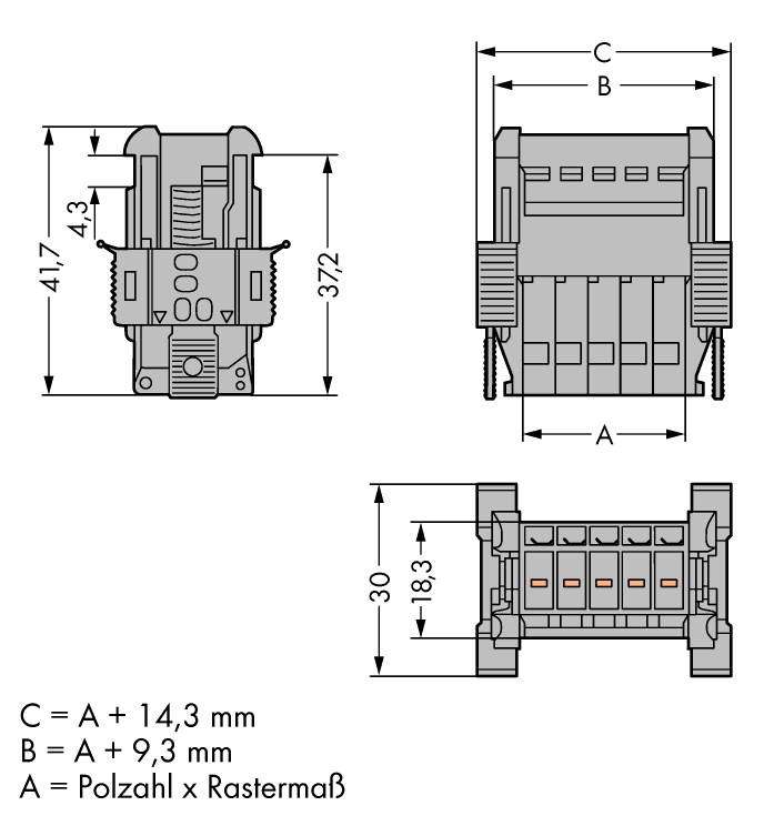 Dessin technique d'un connecteur avec dimensions. C = A + 14,3 mm, B = A + 9,3 mm, A = Nombre de pôles x Pas. Comprend une vue de face et une vue latérale.