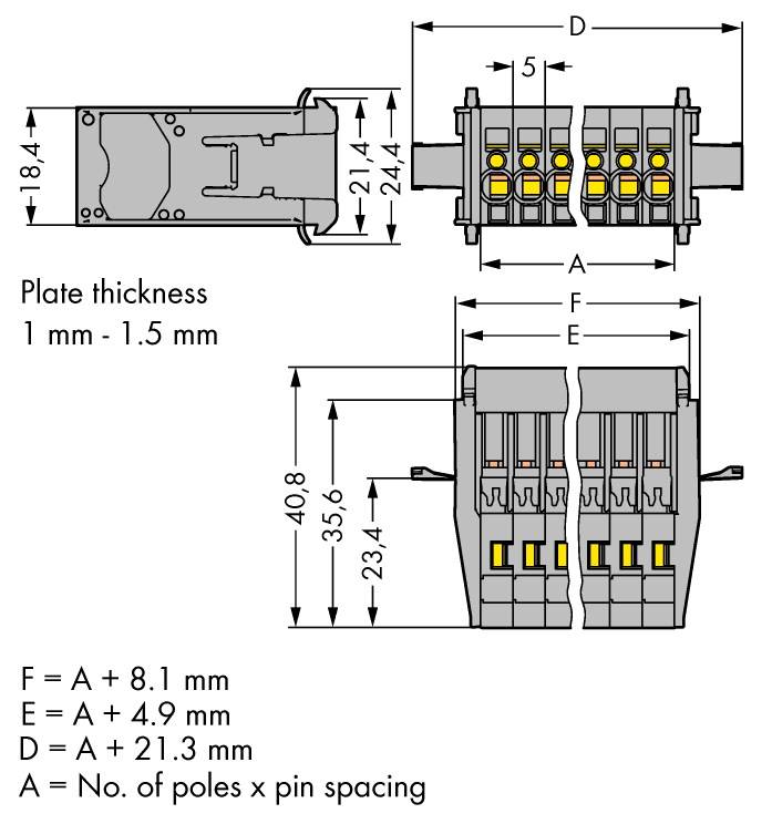 Dessin technique d'un connecteur électrique avec indications dimensionnelles : largeur, hauteur, épaisseur de plaque et écarts entre broches sont représentés.