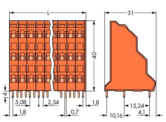Connecteur électrique orange avec des dimensions détaillées en millimètres, montrant la longueur, la largeur et la hauteur dans les vues latérale et frontale.