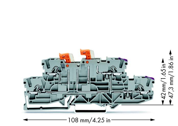 Coupe transversale d'un bloc de bornes gris avec des éléments de commande orange et violets, indiquant les dimensions : 108 mm (largeur), 42 mm, 47,3 mm (hauteur).