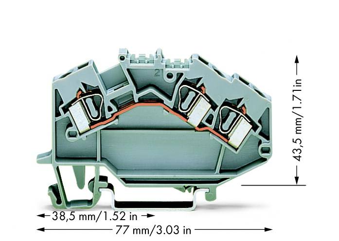Barrette de connexion à deux niveaux avec contacts métalliques, à droite flèches indiquant les dimensions : 38,5 mm de large et 43,5 mm de hauteur.