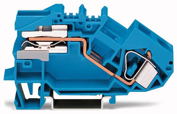 Coupe transversale d'un bloc de connexion électrique bleu montrant des conducteurs métalliques et des composants internes pour la fixation des câbles.