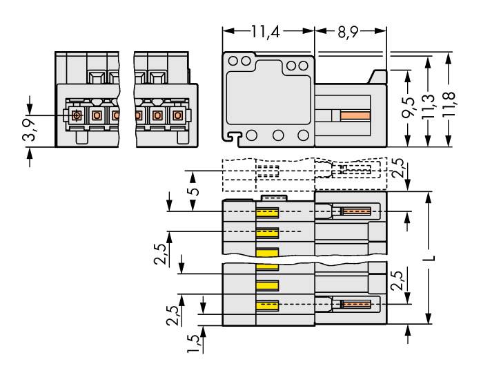 Dessin technique d'un connecteur avec des indications dimensionnelles détaillées. Le schéma présente une vue de dessus et une vue latérale avec plusieurs mesures en millimètres.