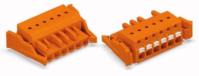 Deux connecteurs orange à plusieurs broches avec des mécanismes de verrouillage latéraux, utilisés pour des connexions électroniques.