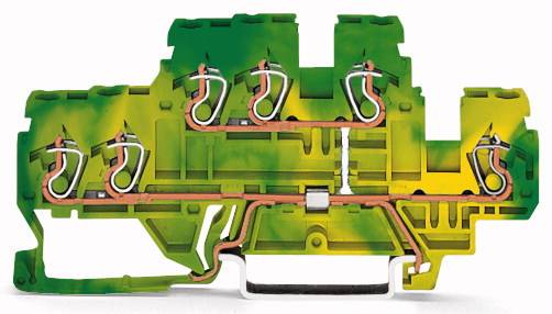 Une coupe transversale d'un bloc de bornes vert avec des connexions en cuivre visibles et cinq points de contact, révèle la disposition intérieure.