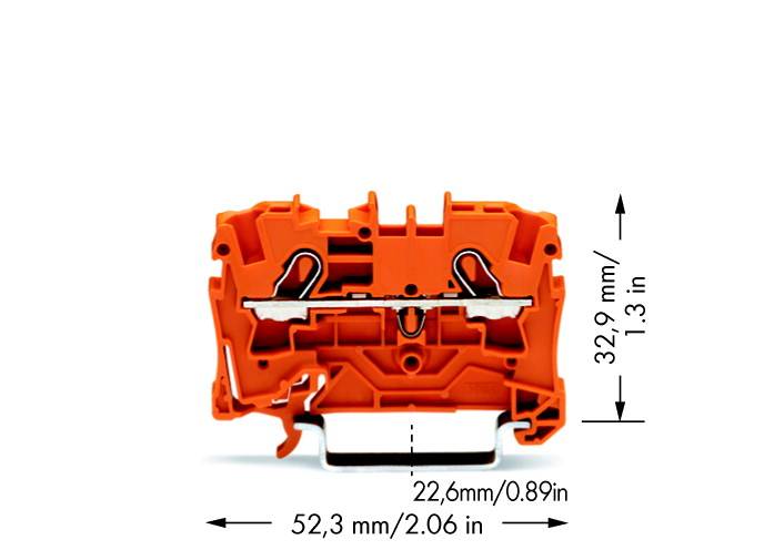 'Bloc de raccordement orange de dimensions 22,6 mm x 52,3 mm x 32,9 mm. Vue de face, avec connexions métalliques visibles.'