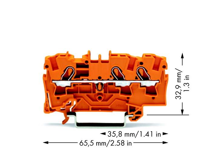 Bornes oranges avec deux points de connexion. Dimensions : 65,5 mm x 35,8 mm x 32,9 mm. Adaptées pour la connexion de fils électriques.