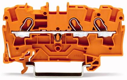 Barrette de connexion orange en plastique, destinée à relier des conducteurs électriques, avec des contacts métalliques au centre.