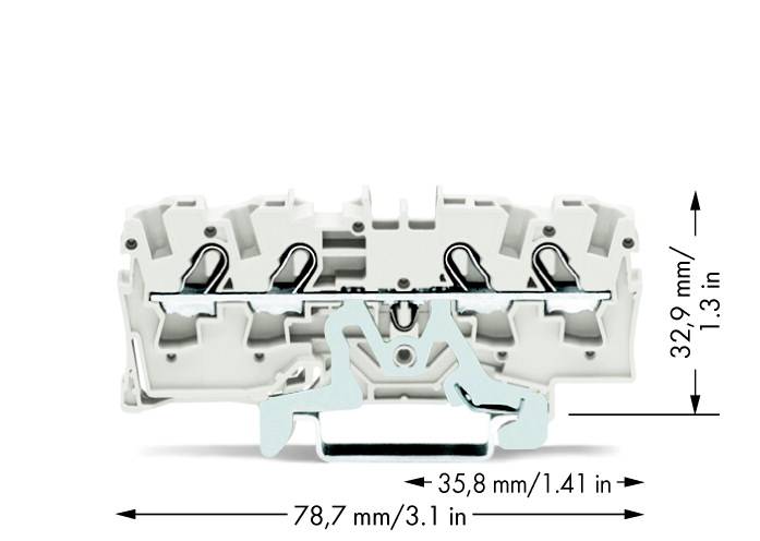Barrette de connexion à deux niveaux en plastique blanc, avec des bornes métalliques. Dimensions : 35,8 x 32,9 x 78,7 mm (1,41 x 1,3 x 3,1 po).