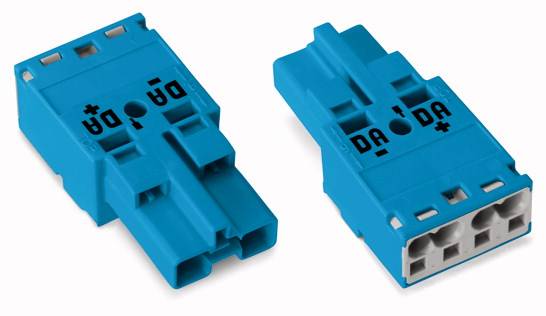 Deux connecteurs électriques bleus côte à côte, représentés de face et de dos. Les deux présentent des marquages de polarité '+DA' et '-DA'.