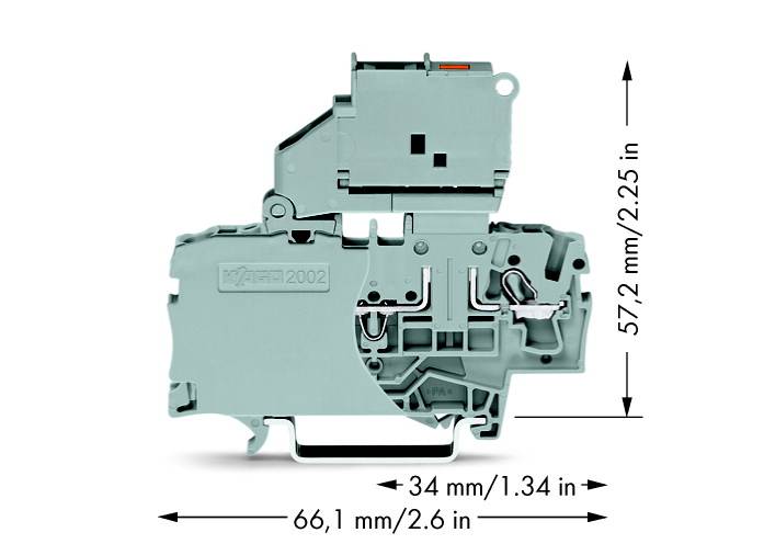 Un module électrique gris, 66,1 mm x 57,2 mm x 34 mm. Convient pour les connexions électriques. Deux rails métalliques visibles.