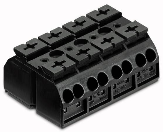 Borne de connexion noire multibroche, adaptée aux raccordements électriques et aux montages câblés.