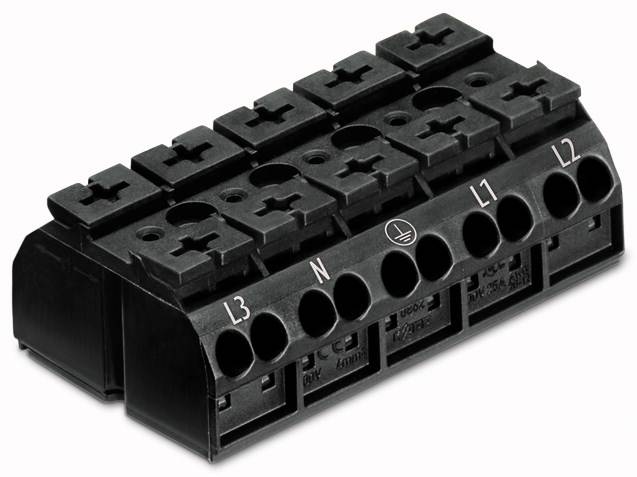 'Bloc de jonction électrique noir avec bornes, étiqueté L1, L2, L3, N, pour le raccordement de lignes électriques.'