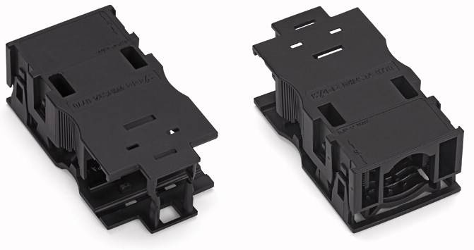 Deux pièces en plastique noir avec des ouvertures rectangulaires et des éléments de connexion, utilisées pour des installations électriques.