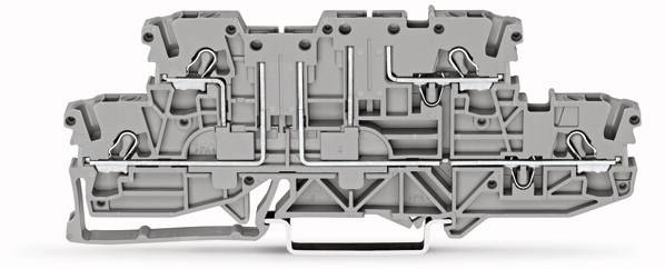 Barrette de connexion grise avec bornes métalliques et connecteurs, destinée à raccorder électriquement des fils dans un coffret électrique.
