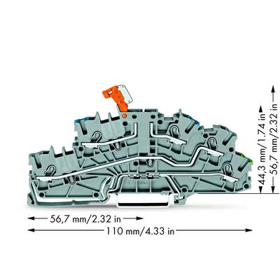 Représentation schématique d'un bloc de bornes électrique en série avec les dimensions suivantes : 110 mm de longueur, 56,7 mm de largeur, 44,3 mm de hauteur.