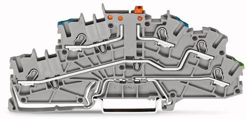 Un module de connexion électrique gris, à la forme complexe, équipé de bornes et de connecteurs, visible de face.