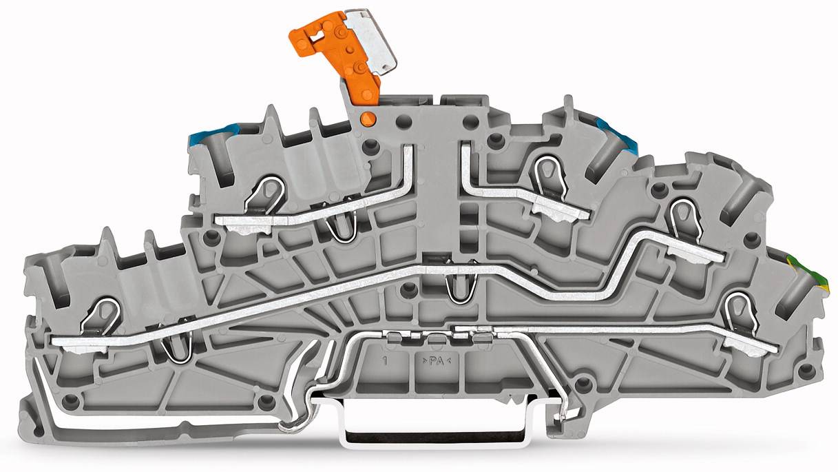 Des borniers gris avec des rails de courant intégrés offrent une solution compacte pour les connexions électriques et la distribution de signaux.