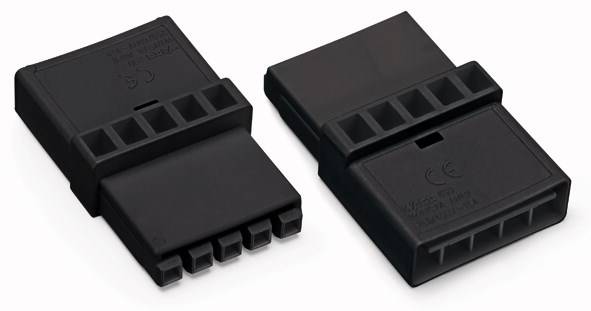 Deux connecteurs noirs pour batteries, l'un avec six contacts, l'autre avec une connexion droite pour appareils électriques.