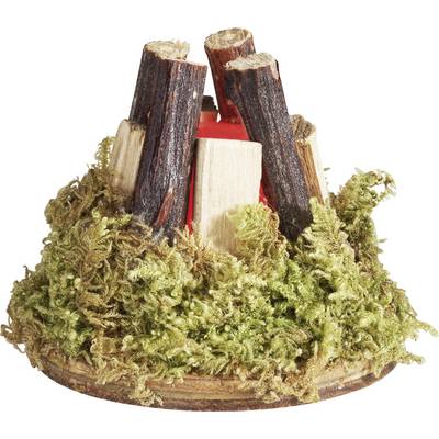 Un petit modèle de feu de camp avec des bûches de bois et de la mousse artificielle sur une base ronde.