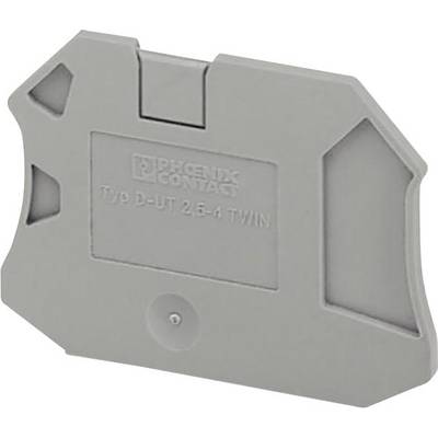 Élément de connexion gris en plastique portant l'inscription 'PHOENIX CONTACT Typ D-UT 2,5-4 TWIN', utilisé pour le câblage électrique.