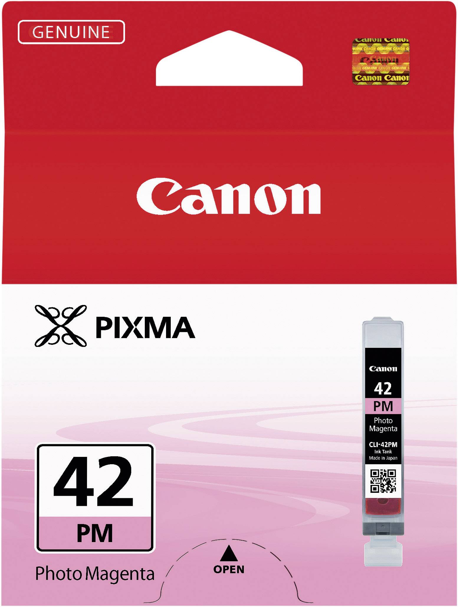Canon Pixma Cartouche d'encre 42 PM Magenta dans un emballage rouge. En haut à gauche est inscrit 'Genuine'. Image d'une cartouche d'encre à droite.