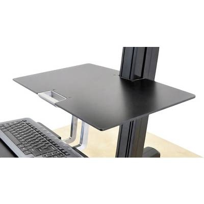 Un support de bureau réglable en hauteur de couleur noire ; il surélève un clavier et offre une surface de travail informatique.