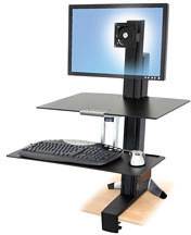 Un support de bureau réglable en hauteur avec support de moniteur, tablette pour clavier et espace pour souris, conçu pour un aménagement ergonomique du poste de travail.