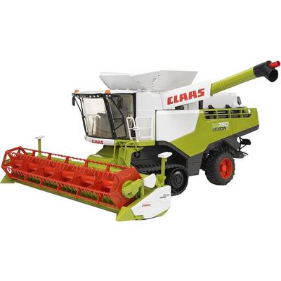 Moissonneuse-batteuse avec tube de déchargement pivotant, barre de coupe rouge et autocollants blancs sur la cabine. Marquage 'LEXION 780'.