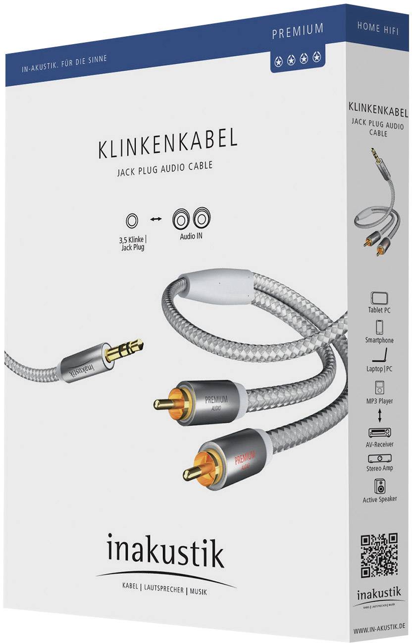 Câble audio Inakustik 004100015 Inakustik 004100015 [2x Cinch-RCA mâle - 1x Jack mâle 3.5 mm] 1.50 m blanc, argent conta-3