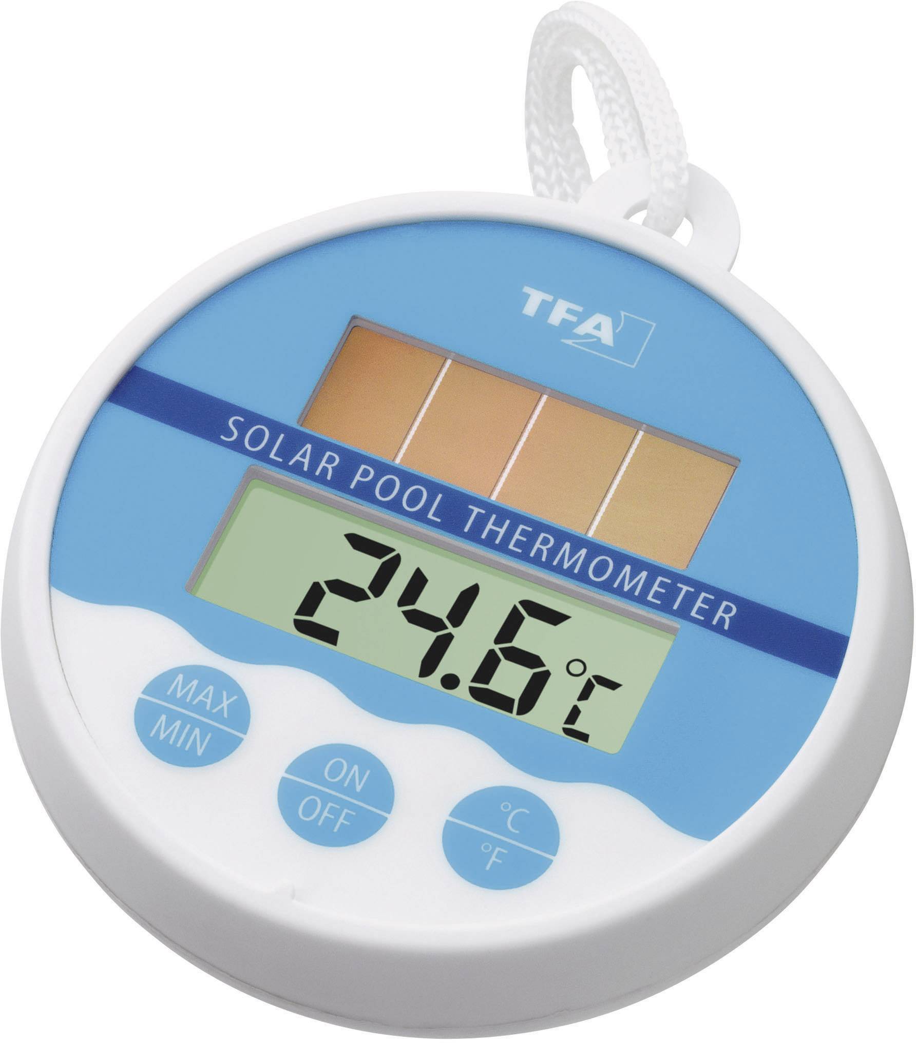 Un thermomètre de piscine solaire affiche 24,6°C. Il dispose de touches pour Max/Min, Marche/Arrêt et °C/°F.