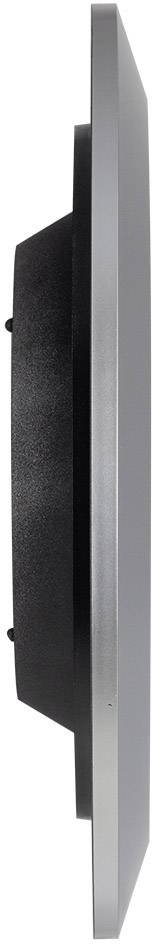 Vue latérale rapprochée d'un appareil rectangulaire et plat avec un boîtier noir et un bord argenté, probablement un écran.