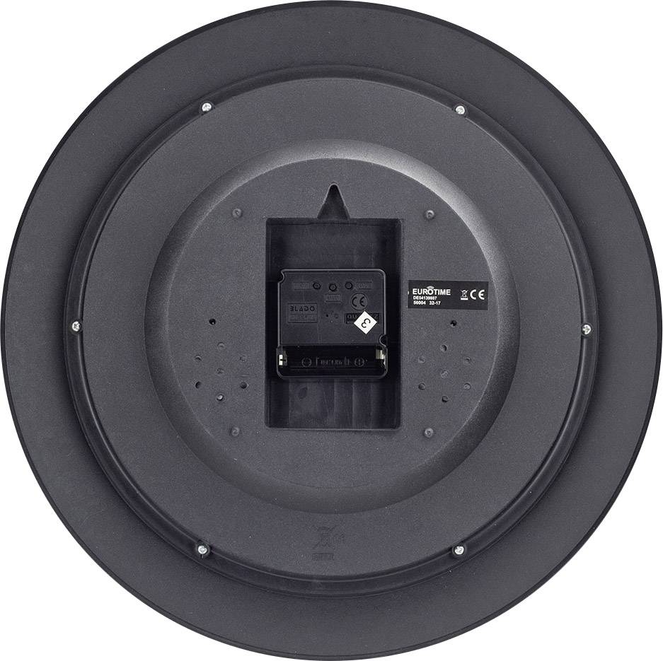Vue arrière d'une horloge murale ronde noire sans aiguilles visibles, avec un compartiment pour pile et un marquage CE au centre du boîtier.