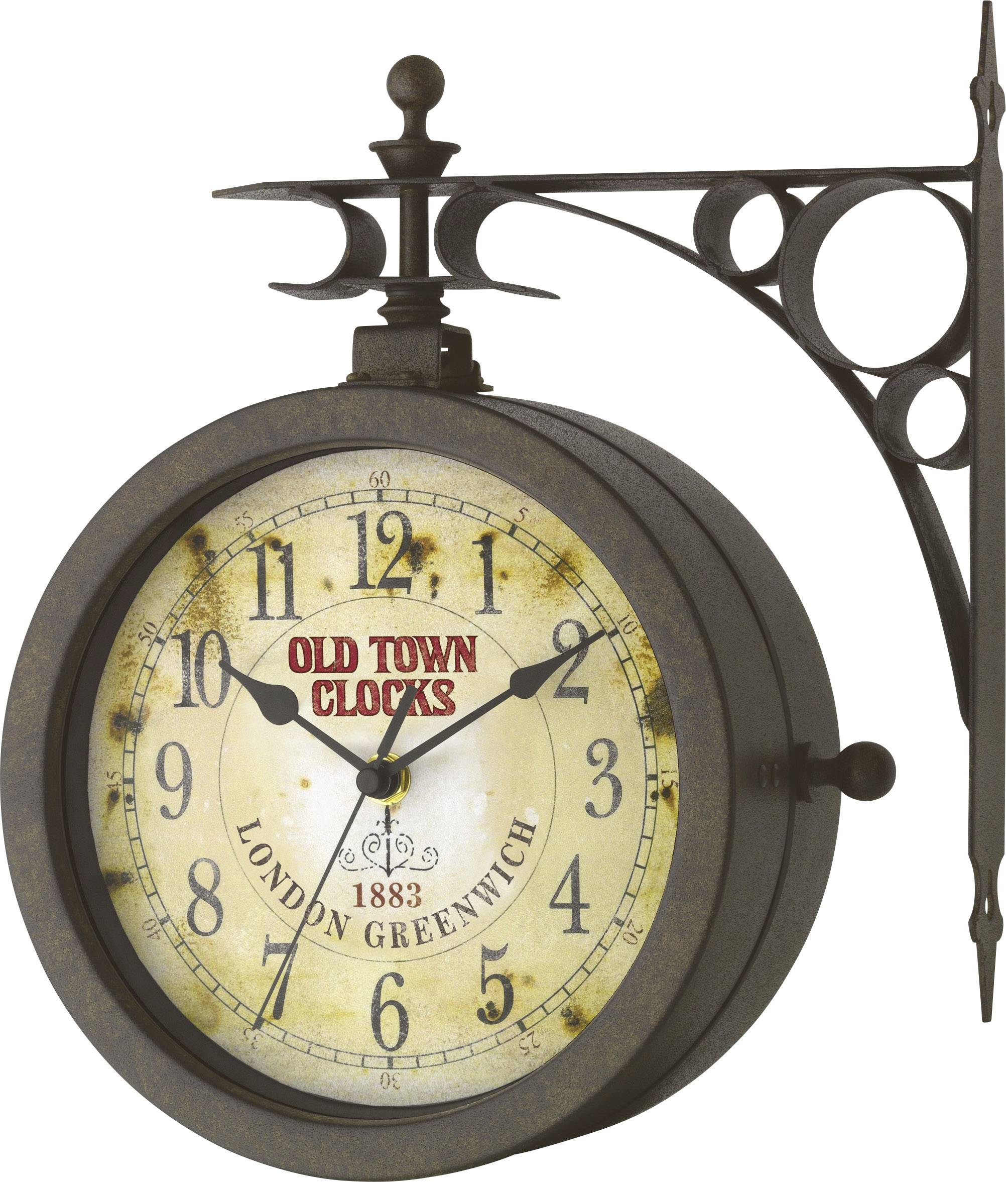 Horloge murale ancienne avec l'inscription 'Old Town Clocks 1883 London Greenwich'. Indique 10h10. Style décoratif et rustique.