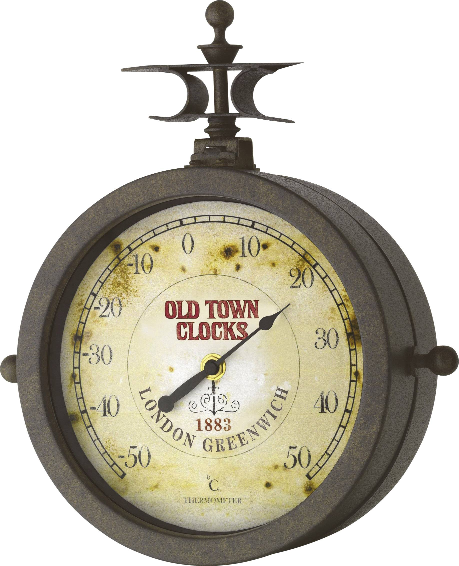 Horloge murale ronde de style antique, affichant le logo Old Town Clocks, datée de 1883, portant l'inscription 'London Greenwich', avec affichage intégré de la température.