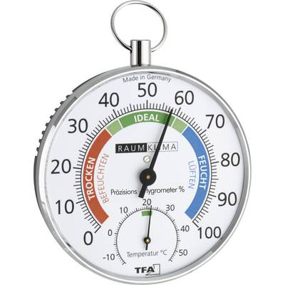 Hygromètre et thermomètre combinés ; indique l'humidité de l'air et la température. Repères : 'Sec', 'Idéal', 'Humide'.