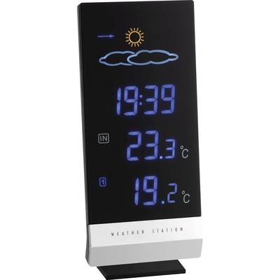 Station météo numérique noire avec affichages LED bleus : indique l'heure 19:39, température intérieure 23,3°C et température extérieure 19,2°C. En haut, soleil avec flèche et nuages.