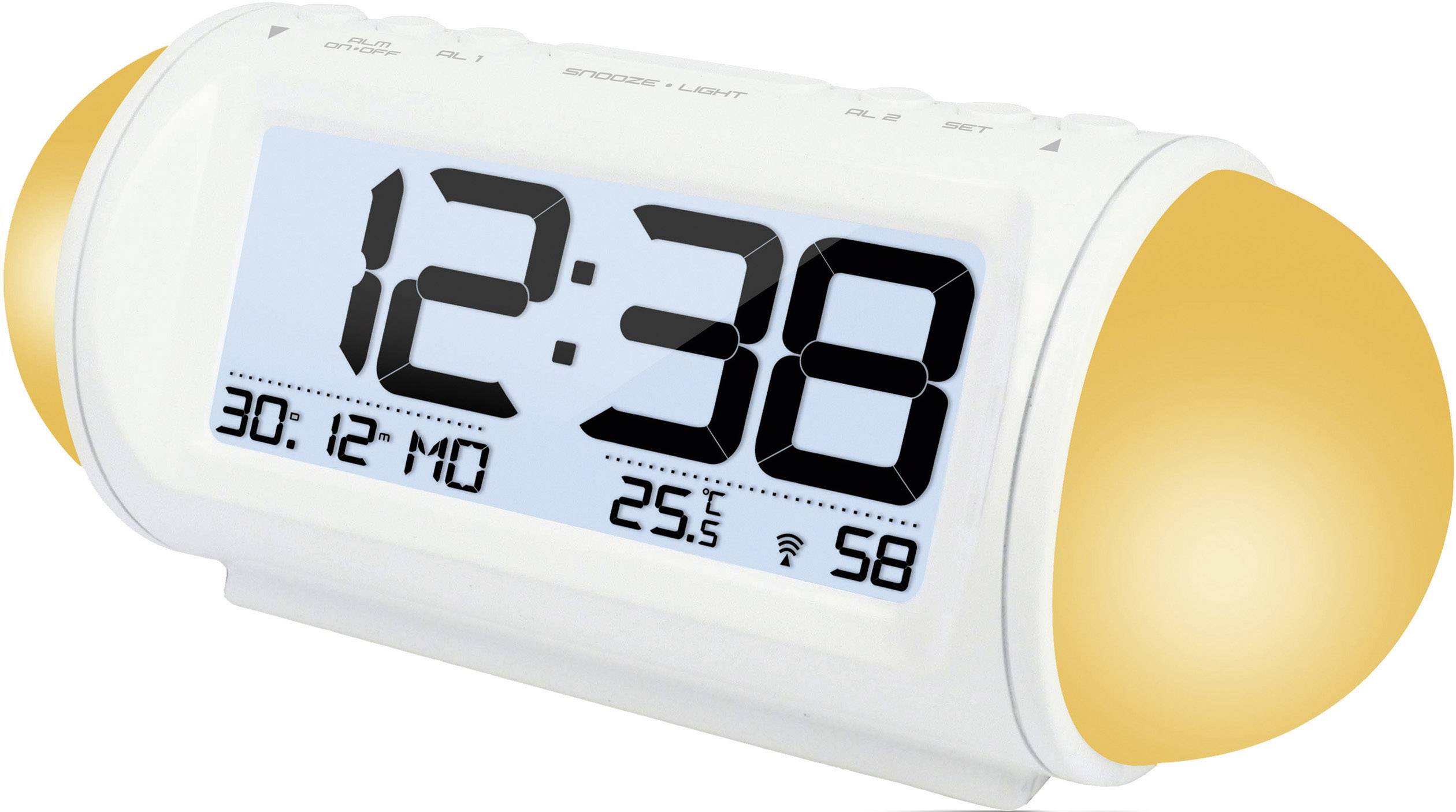 Réveil numérique à grand affichage : '12:38'. Affiche la date '30:12 LUN', température intérieure '25,5°' et humidité '58%'.