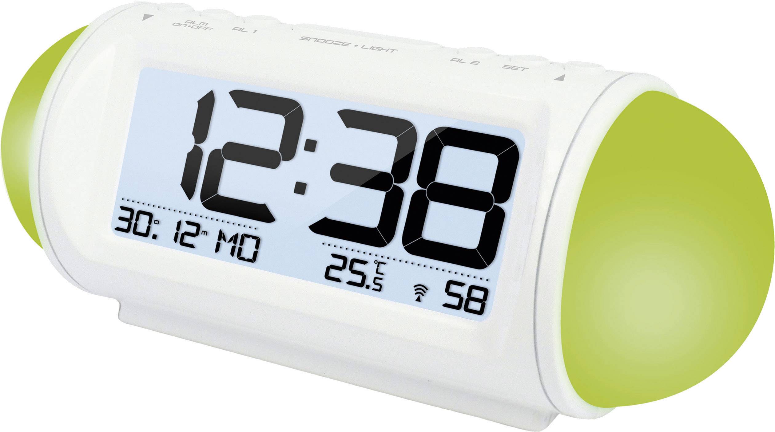 Réveil numérique avec affichage de la température. Indique 12h38, 30 décembre, lundi, 25,5 degrés Celsius et 58% d'humidité.