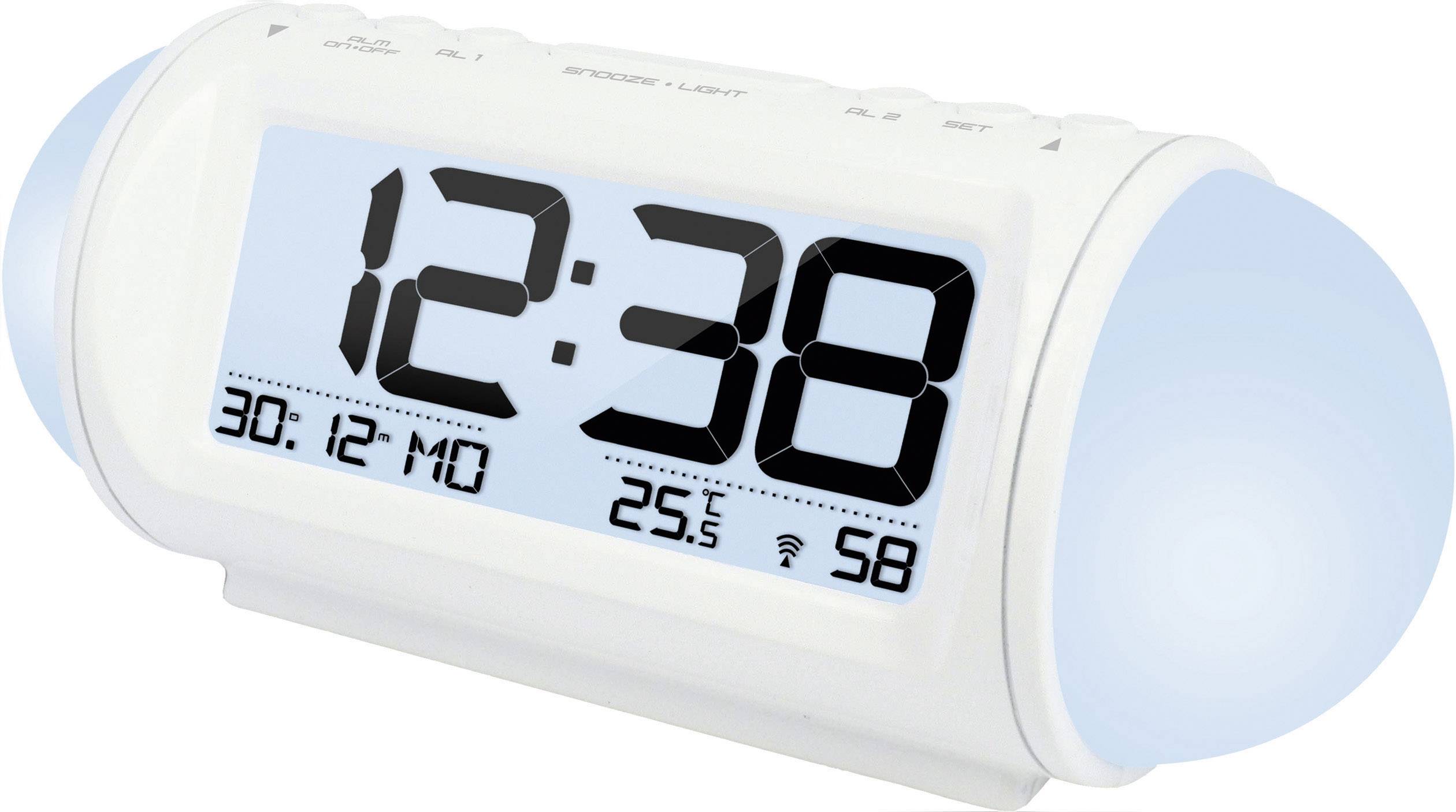 Réveil numérique affiche l'heure '12:38', la date '30:12 LUN' et la température '25,5°C'. Symbole WiFi en bas à droite.