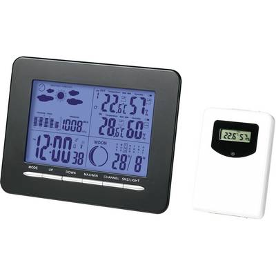 Station météorologique numérique avec écran affichant les prévisions météorologiques, température intérieure 22,6°C, température extérieure 28,6°C, et heure actuelle 12:00.
