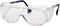 Lunettes de protection en plastique transparent, branches noires avec embouts bleus. Offre une protection oculaire dans les environnements de travail.