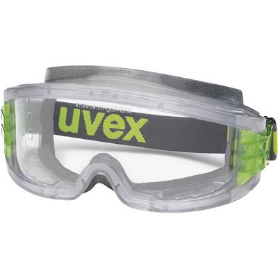 Lunettes de protection avec visière transparente et bandeau élastique. 'uvex' est inscrit sur le bandeau. Adaptées pour une utilisation dans des environnements de sécurité.
