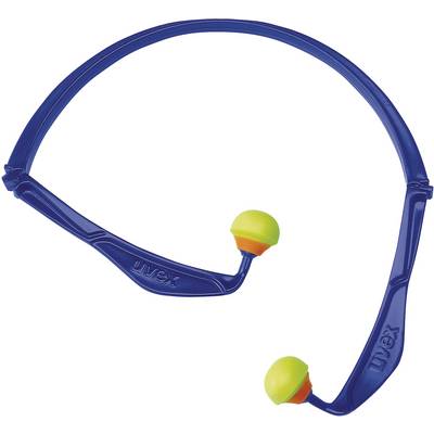 Protège-oreilles bleus avec des bouchons d'oreilles jaune-vert sur un arceau, adaptés pour se protéger du bruit.