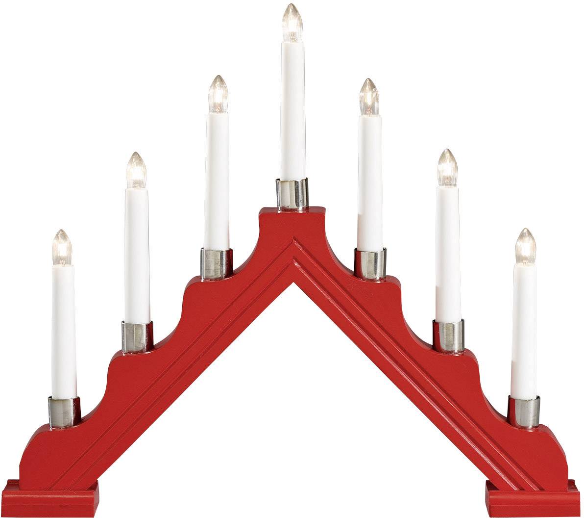 Un arc lumineux rouge avec sept bougies blanches disposées en zigzag. Les bougies sont électriques et brillent.