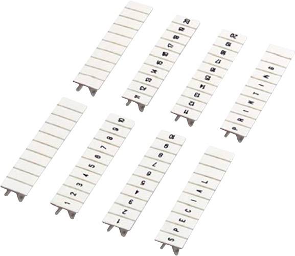 Marqueurs en plastique blanc avec des lettres et des chiffres noirs disposés en rangées. Utilisés pour identifier des conduites ou des câbles.