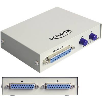 Un commutateur Delock avec connexion parallèle, deux boutons bleus étiquetés 'A' et 'B', vue de face montrant les connexions IN/OUT.